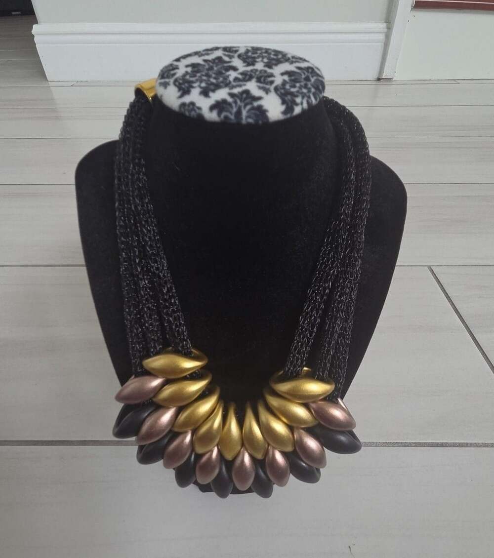 Chunky Statement Necklace Black Gold Metallic Bib Collar Boho
